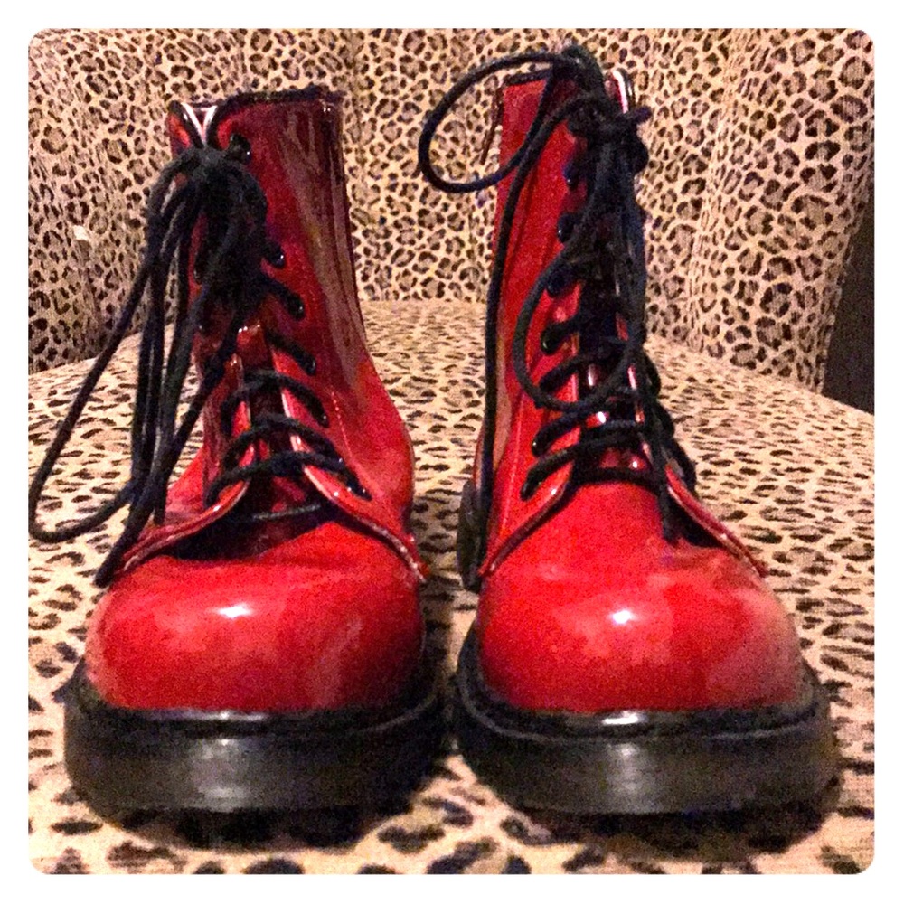 Red vegan leather combat boots